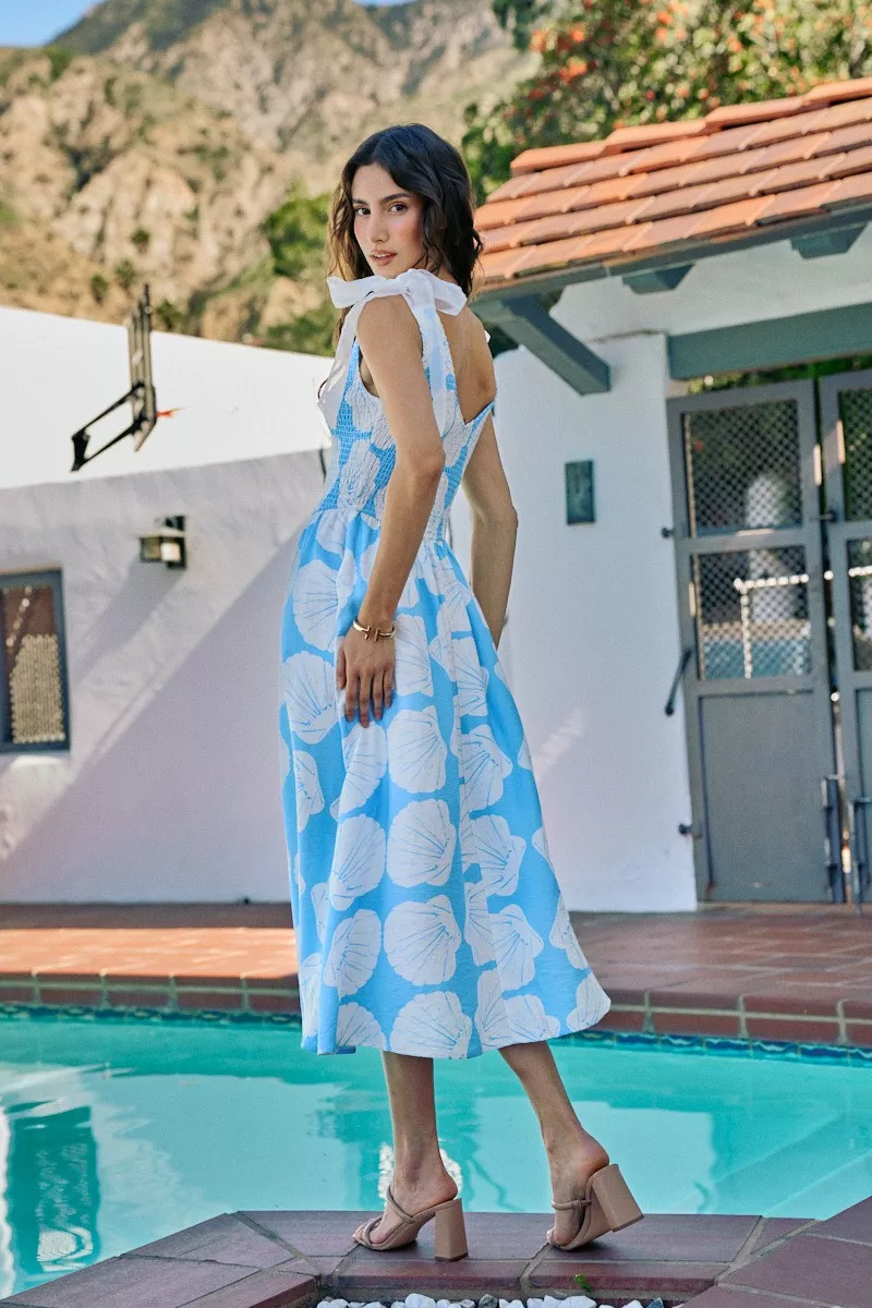 Shell Smocked Bodice Shoulder Tie Lined Midi Dress, image 3