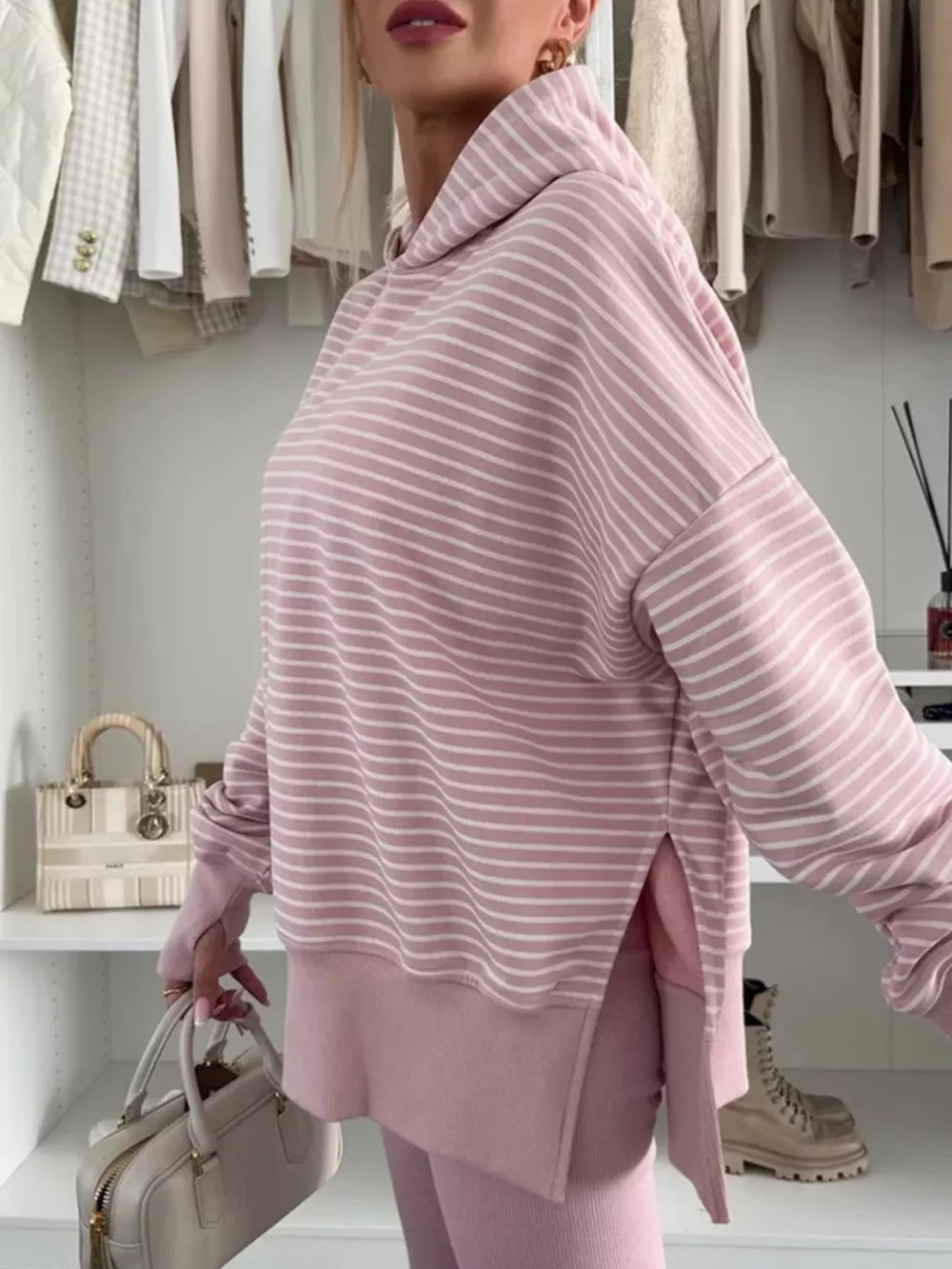 Stripe Thumbhole Side Slits Drop Shoulder Loose Fit Hoodie, image 5