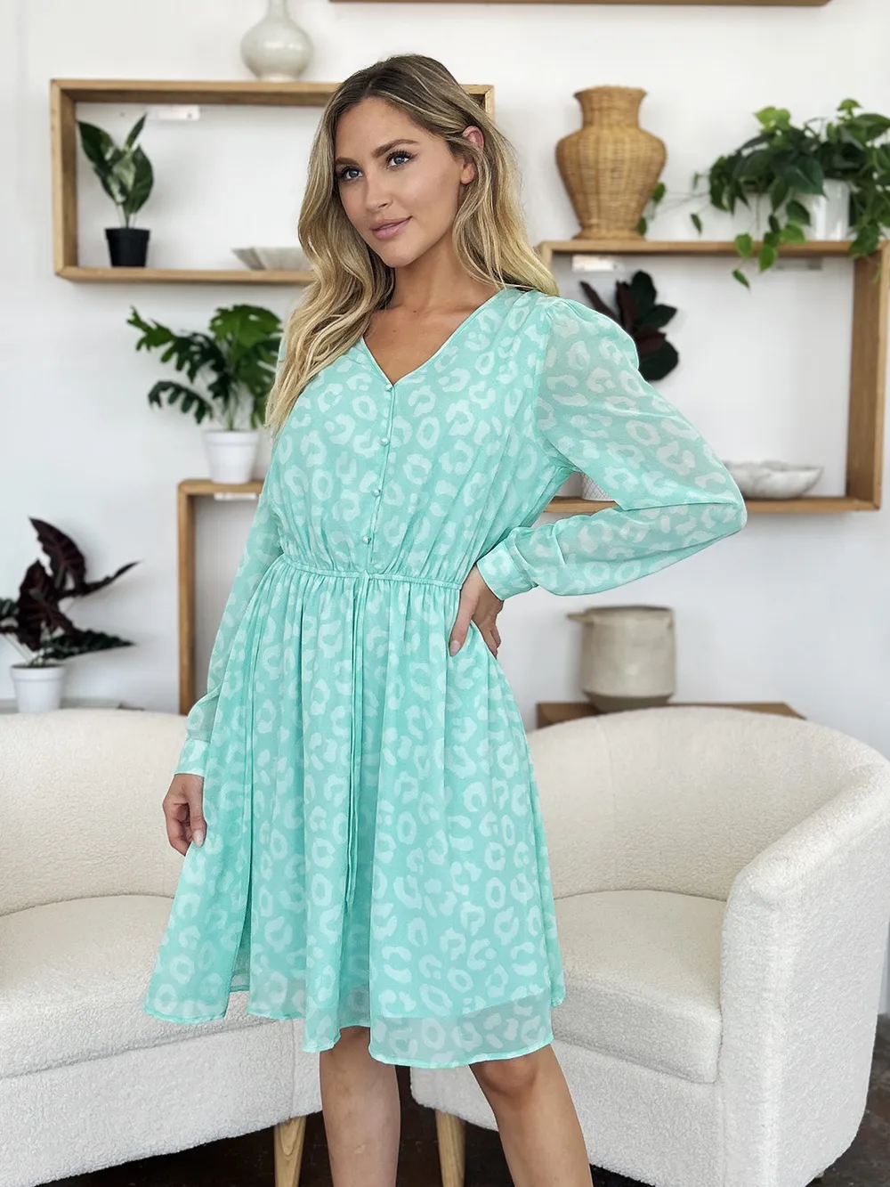 Full Size Printed Ruched V-Neck Long Sleeve Dress, image 10