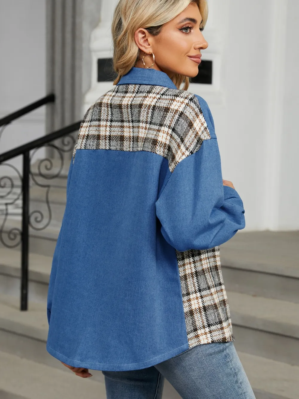 Plaid Button Up Long Sleeve Denim Jacket, image 7
