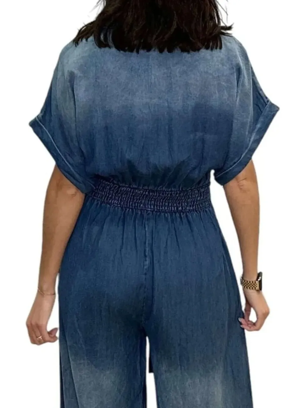 Button Front Wide Leg Denim Jumpsuit, image 7
