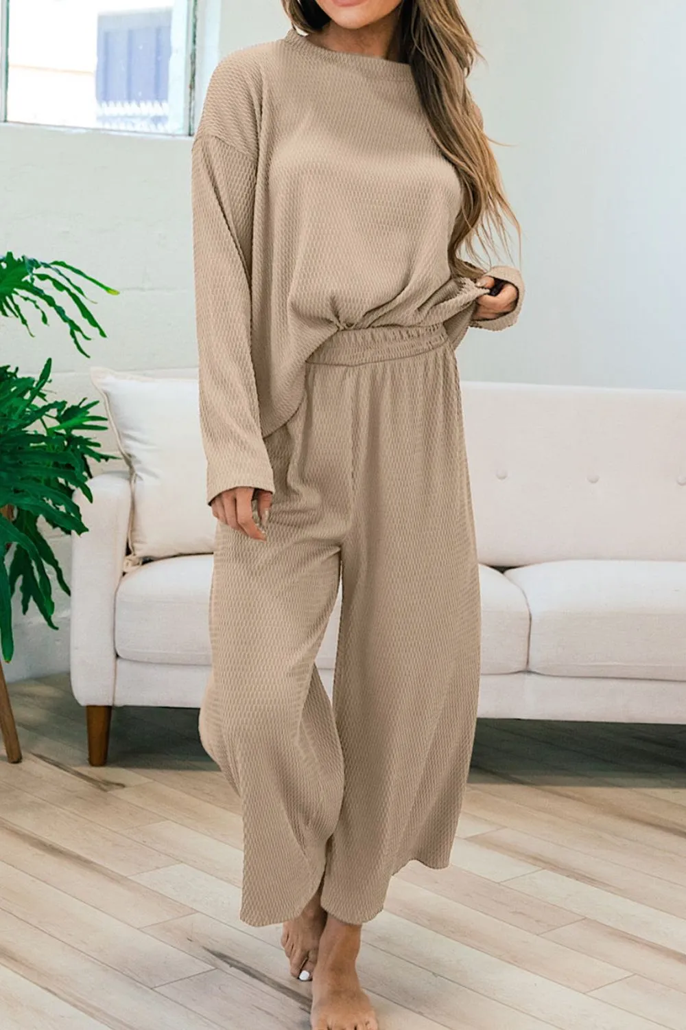 Round Neck Dropped Shoulder Top and Pants Set, image 4