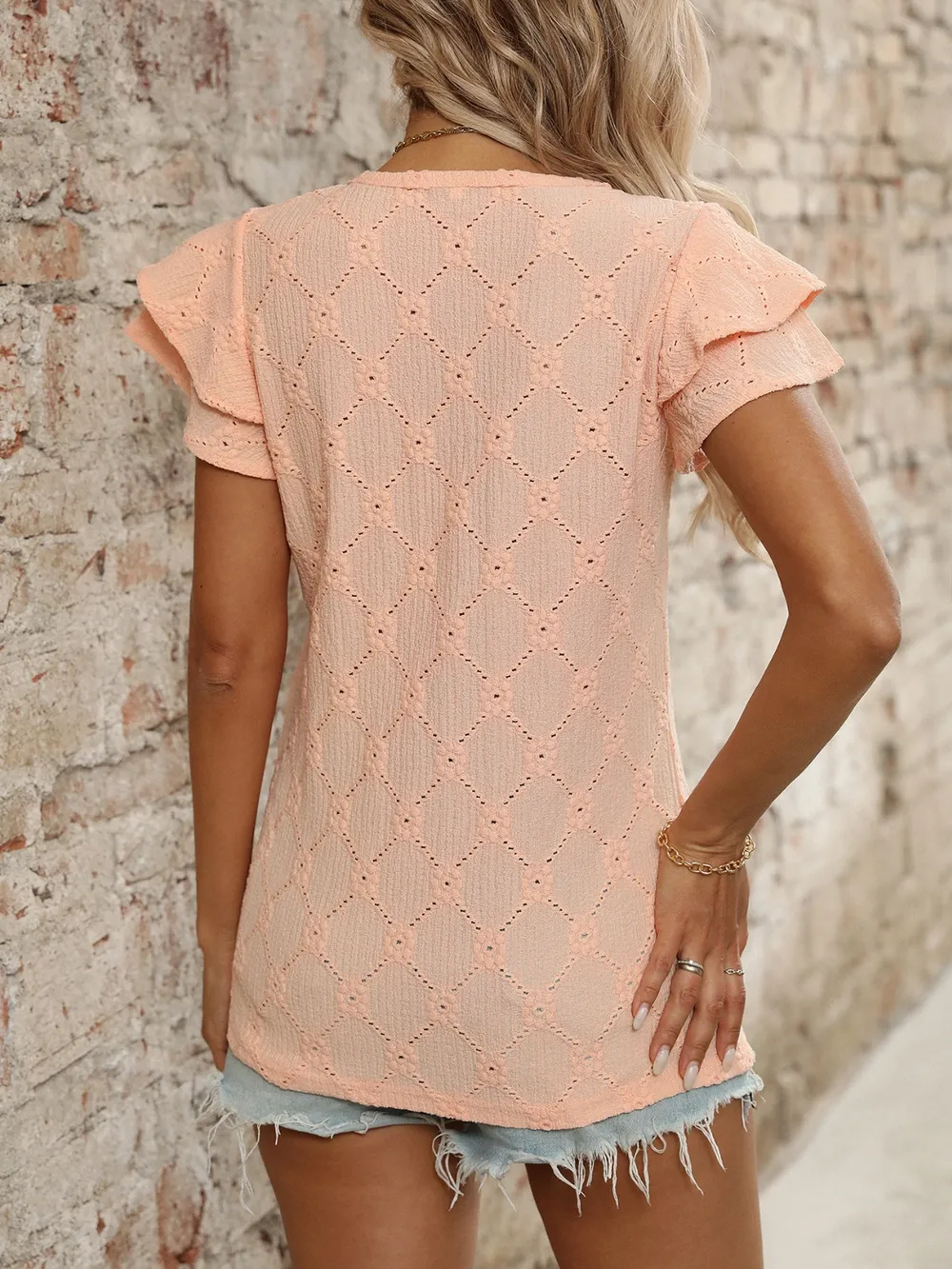 Eyelet V-Neck Ruffled Cap Sleeve Top, image 12