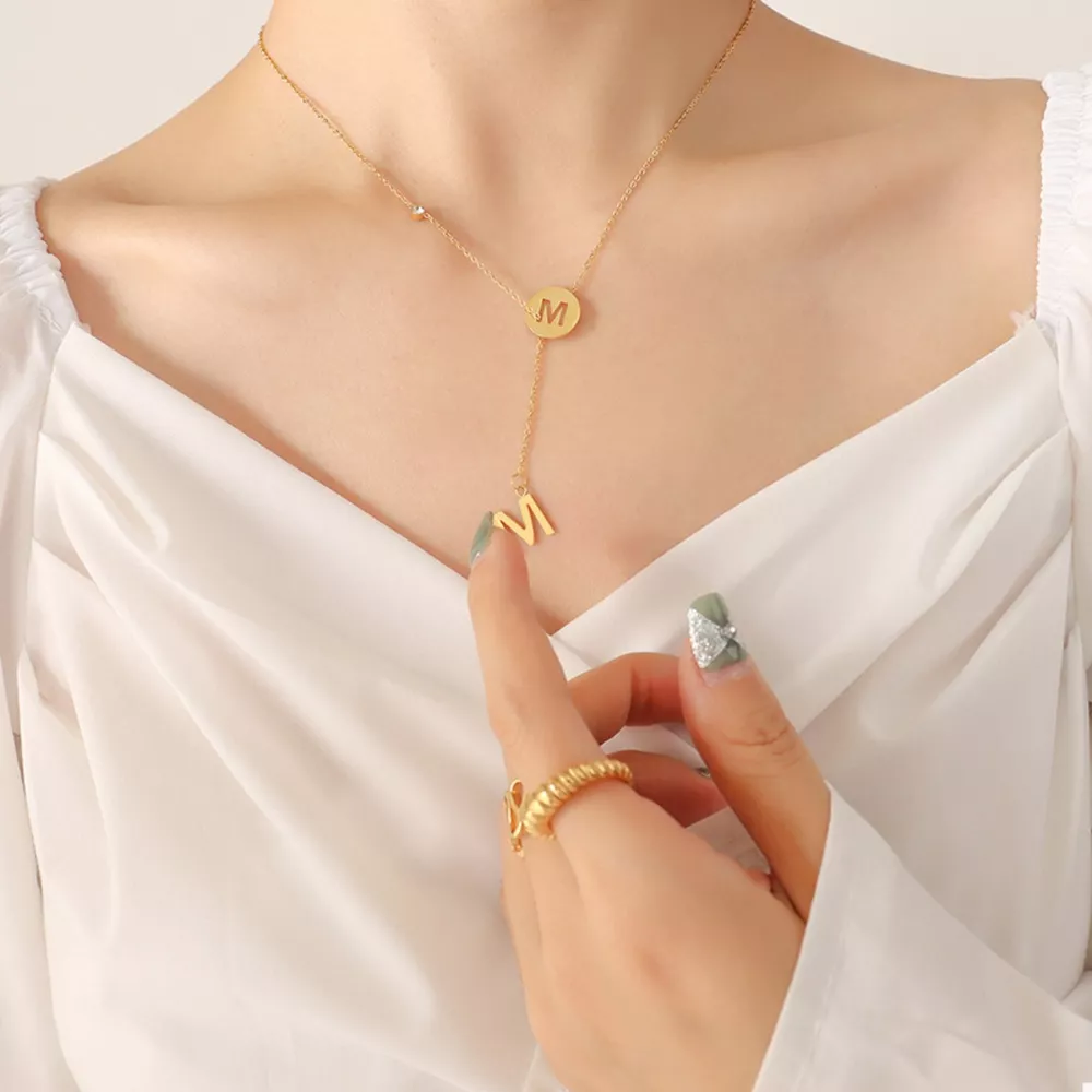 18K Gold-Plated Titanium Steel Letter Pendant Necklace, image 3