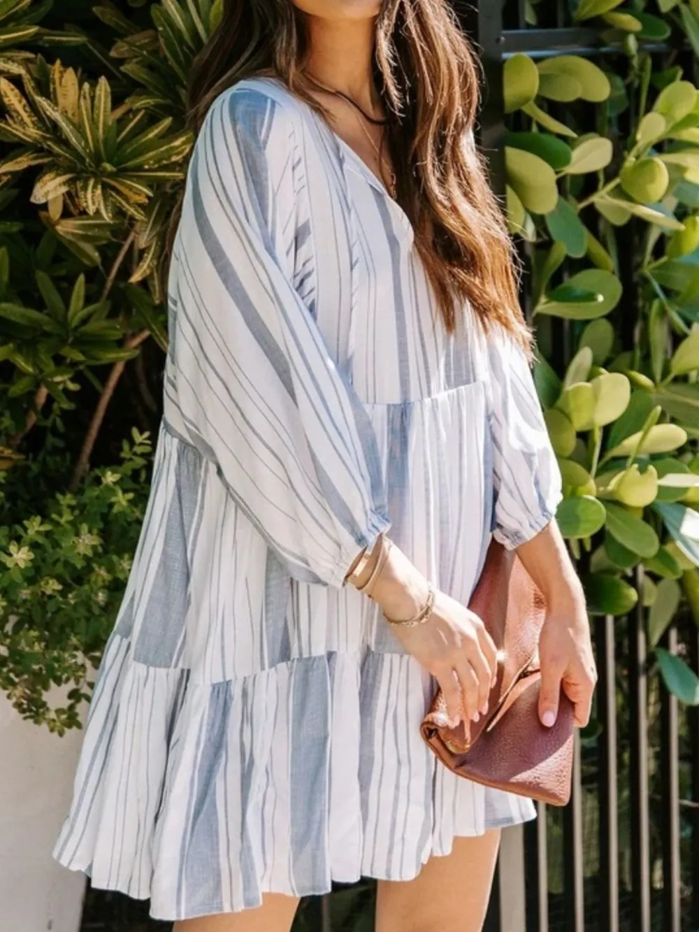 Tassel Striped Tie Neck Batwing Sleeve Dress, image 3
