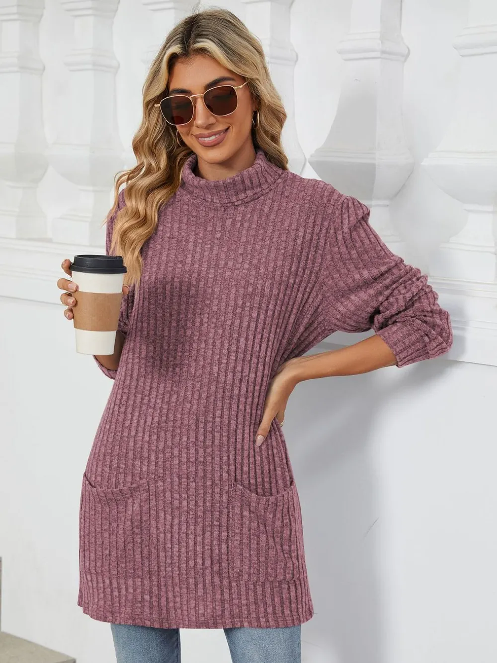 Ribbed Mock Neck Long Sleeve T-Shirt, image 5