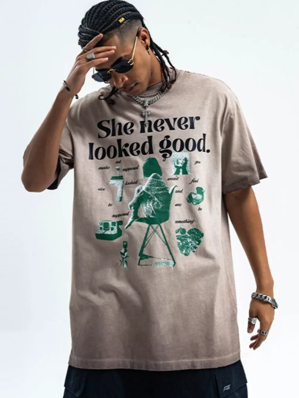 Men's Vintage Graphic Round Neck Oversized T-Shirt, image 4