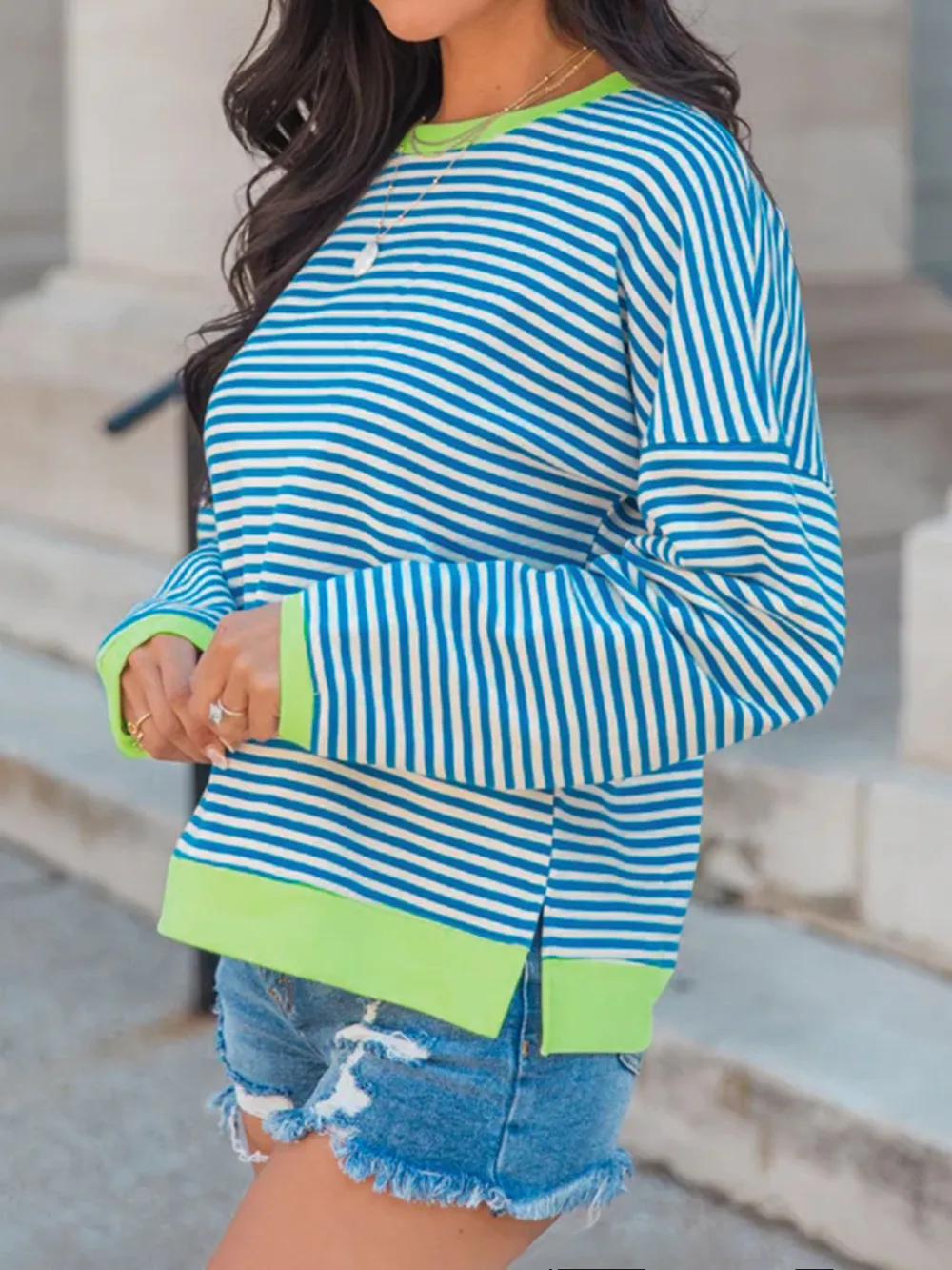 Striped Round Neck Long Sleeve Sweatshirt, image 2