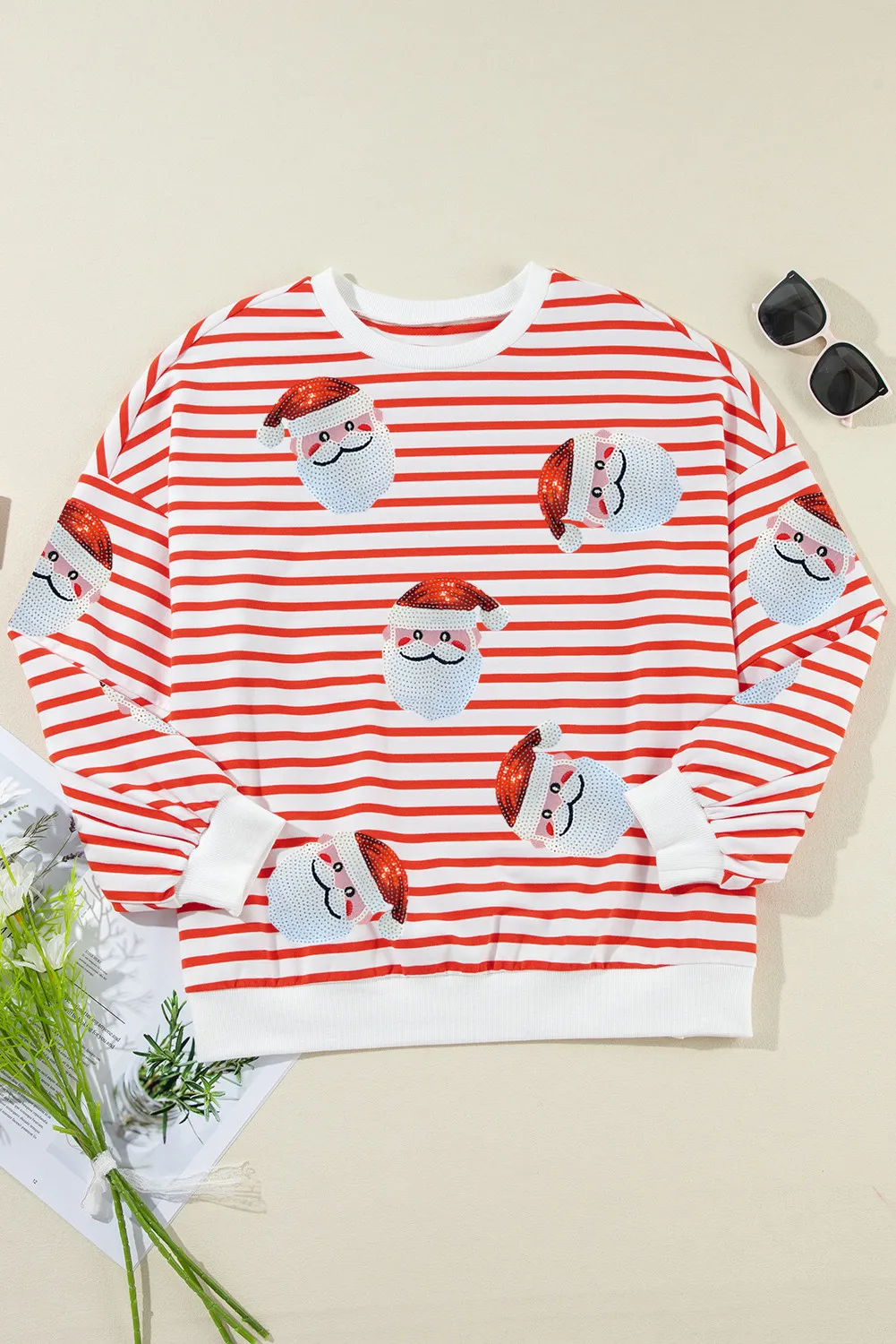 Sequin Santa Striped Round Neck Long Sleeve Sweatshirt, image 5