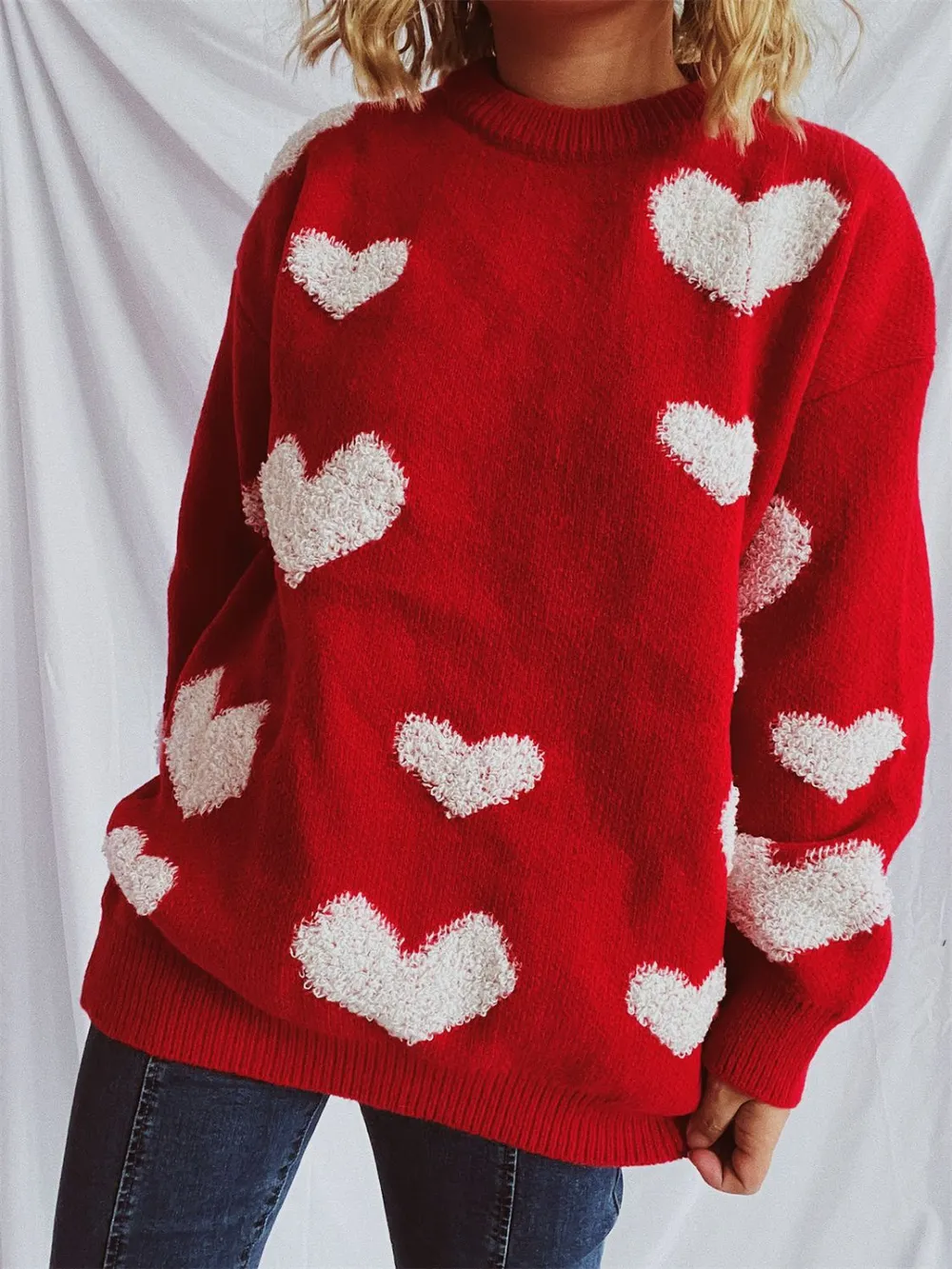 Heart Round Neck Dropped Shoulder Sweater, image 2
