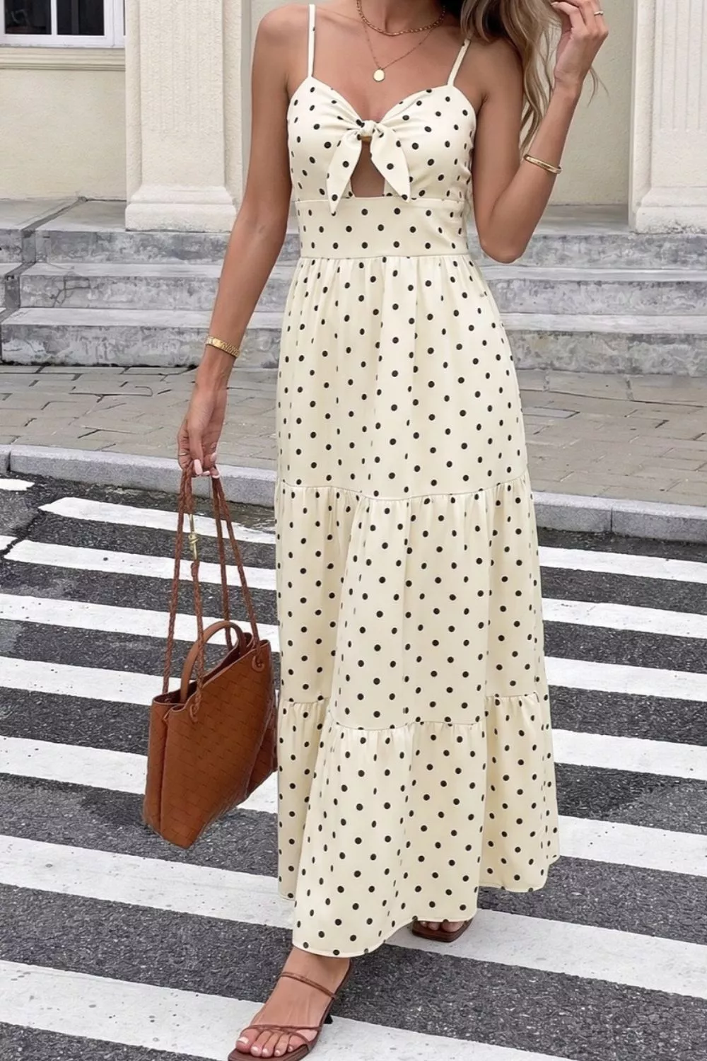 Polka Dot Tie-Front Cutout Maxi Dress, image 2