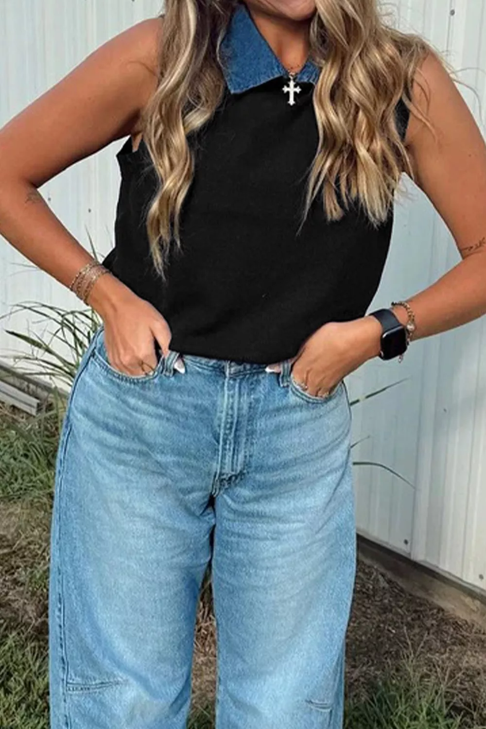 Contrast Denim Collar Sweater Vest, image 2