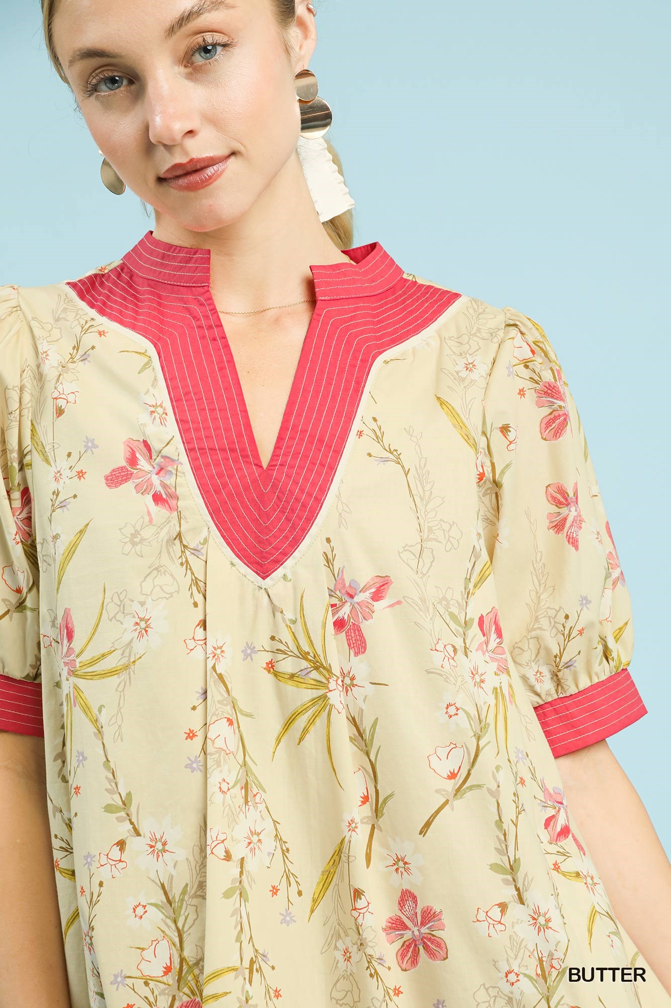 Floral Puff Sleeve Dress with Contrast Trim, image 6