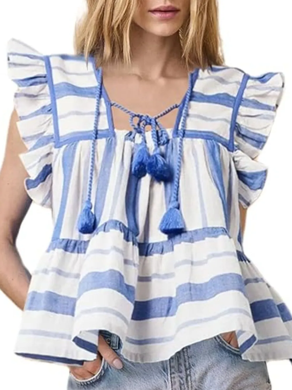 Tassel Ruffled Striped Blouse, image 3