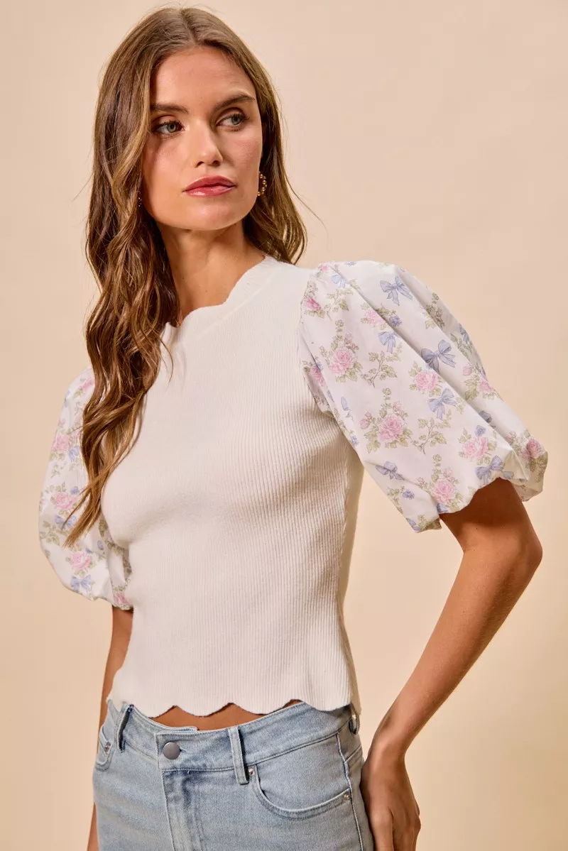Floral Cotton Contrast Sleeves Scallop Sweater Top, image 10