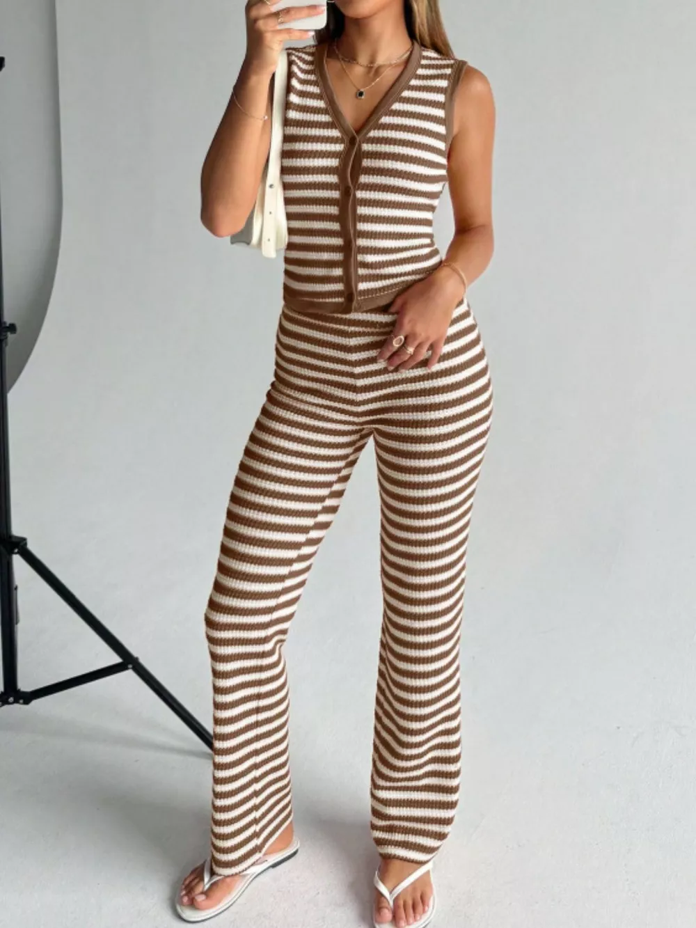 Striped Knit V-Neck Button-Up Sleeveless Top and Flare Pants Set, image 10