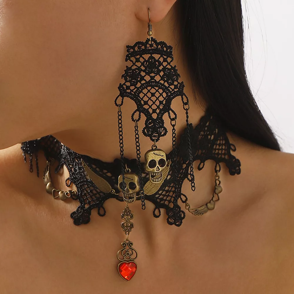 Halloween Lace Skull Necklace and Earrings Jewelry Set, image 3
