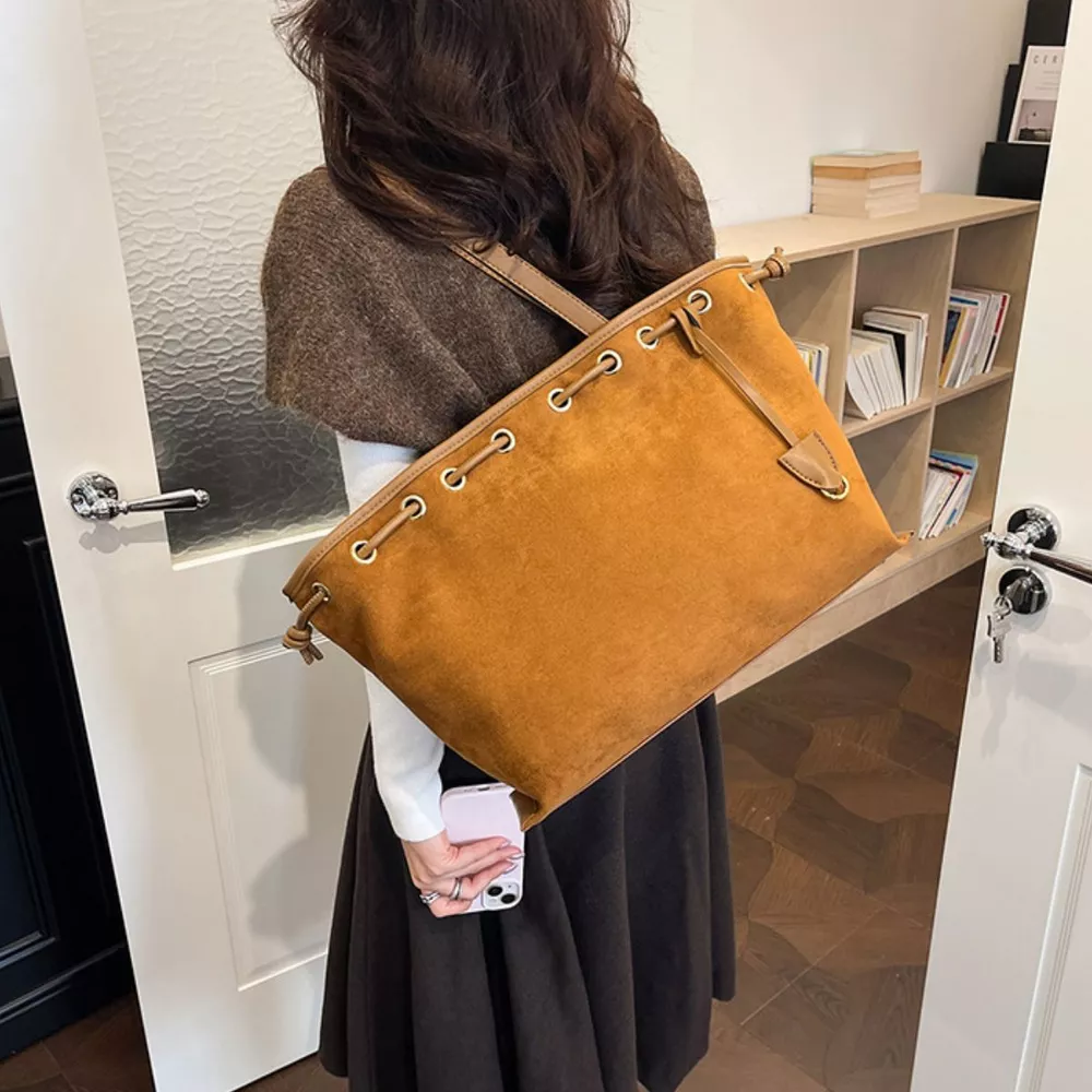 Drawstring Suede Shoulder Bag, image 5