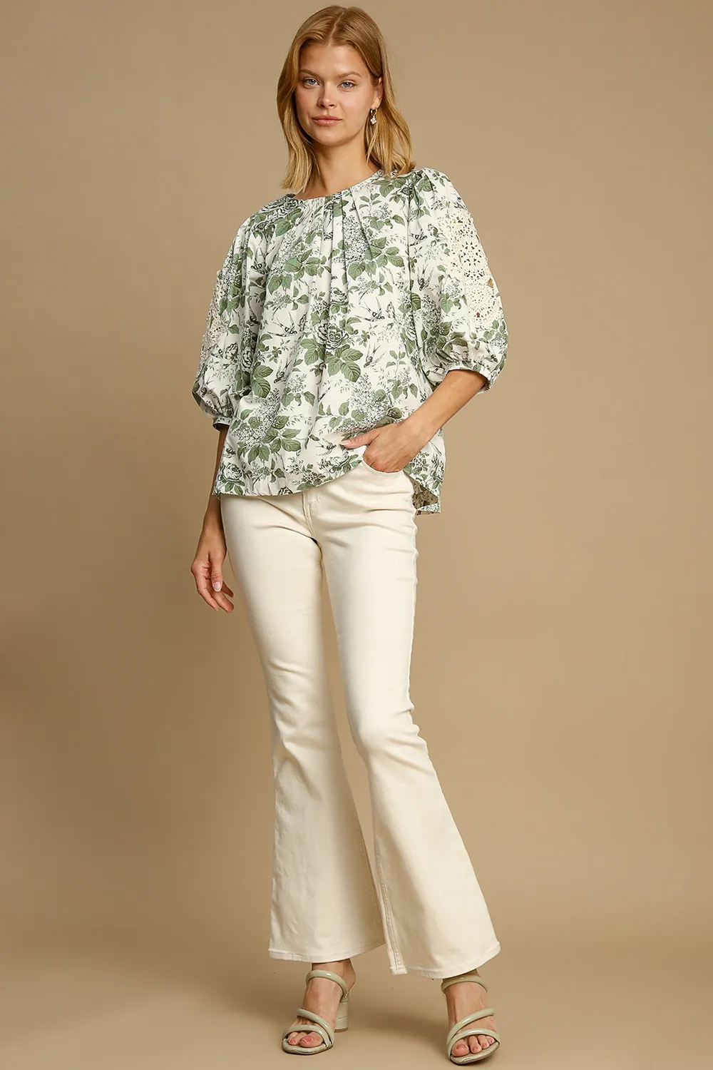Floral Pleated Detail Lace Trim Sleeve Blouse, image 4