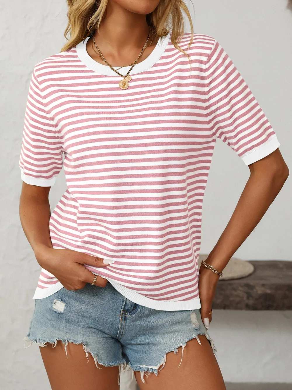 Striped Round Neck Half Sleeve Knit Top, image 12