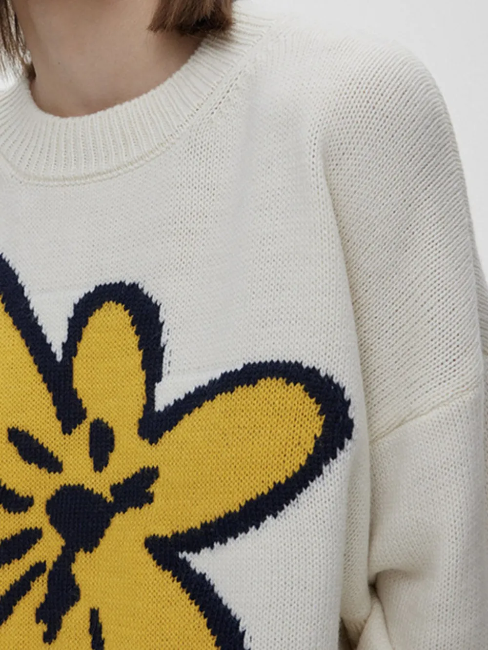 Flower Ribbed Hem Round Neck Sweater, image 11
