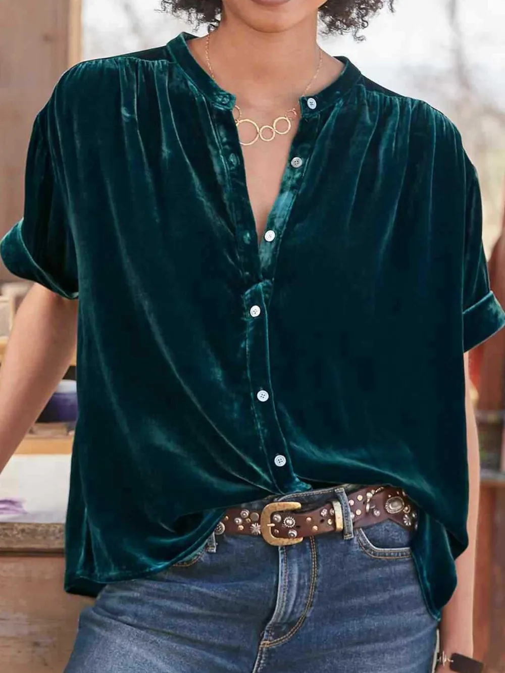 Ruched Round Neck Short Sleeve Shirt, image 6