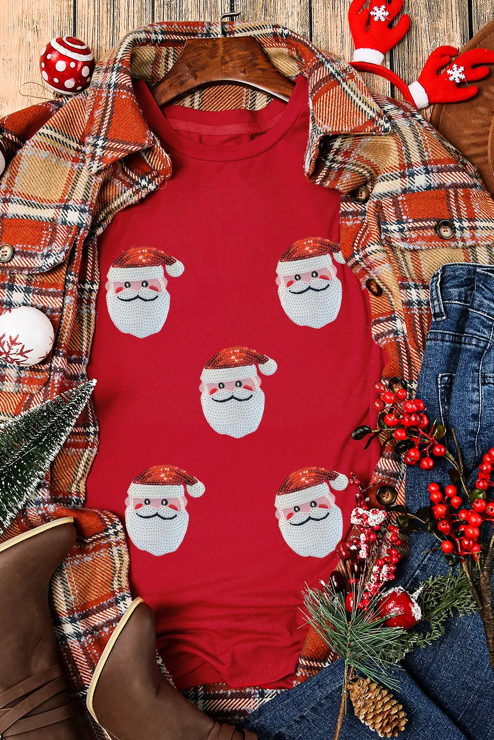 Sequin Santa Round Neck Short Sleeve T-Shirt, image 3