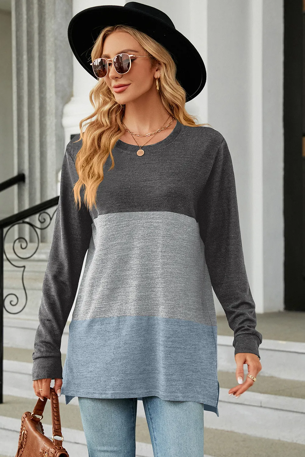 Color Block Round Neck Long Sleeve T-Shirt, image 13