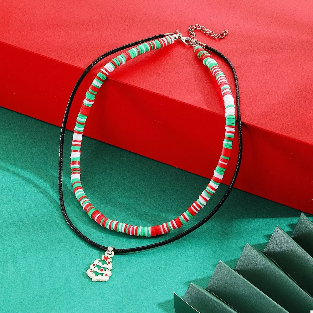 Colorful Double Layered Necklace with Christmas Tree Pendant, image 3