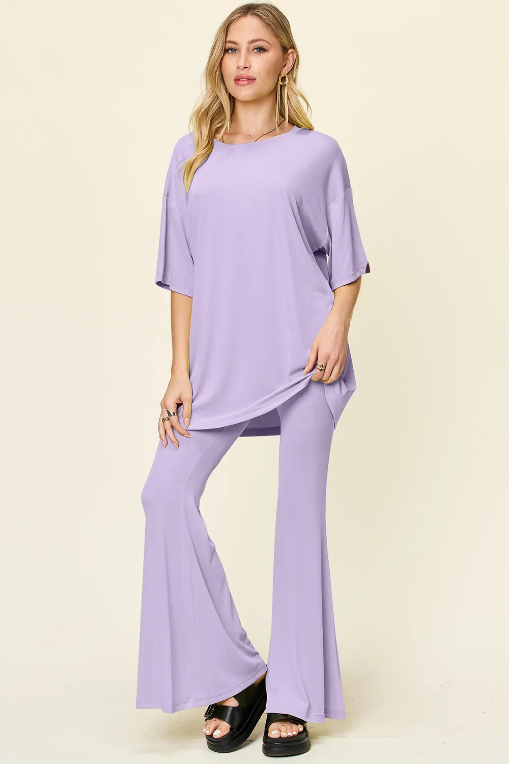 Full Size Round Neck Drop Shoulder T-Shirt and Flare Pants Set, image 11