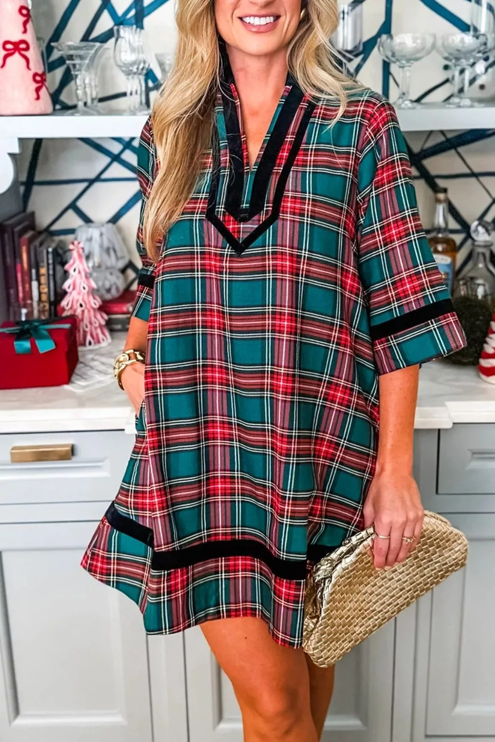 Plaid Velvet Trim Pockets Short Shift Dress, image 6