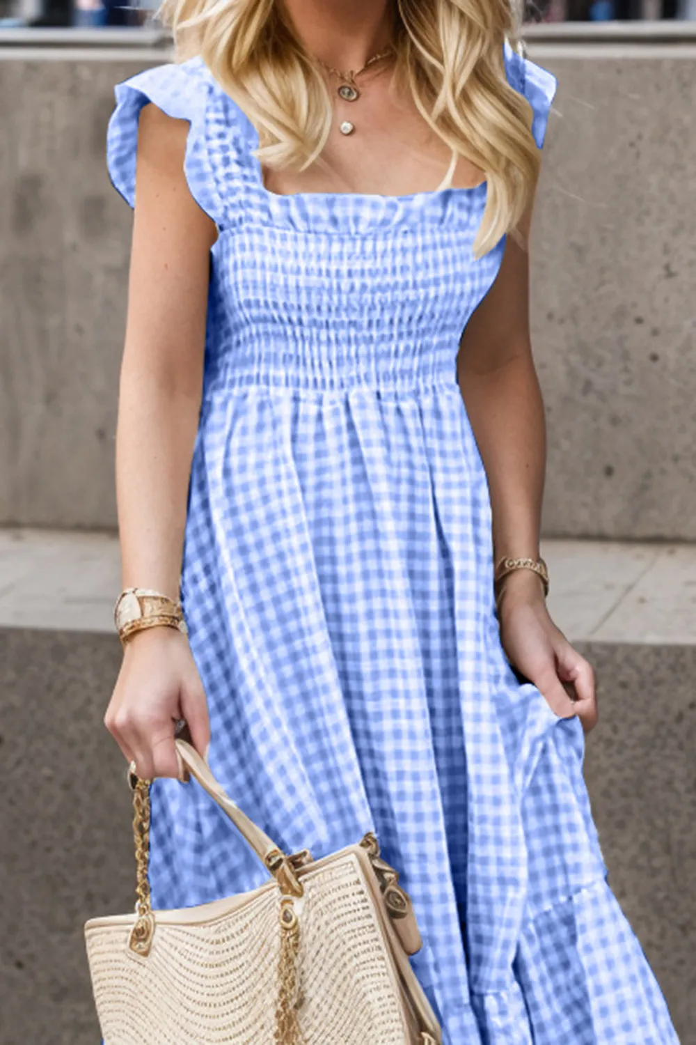 Full Size Smocked Ruffled Plaid Ruffle Hem Dress, image 6