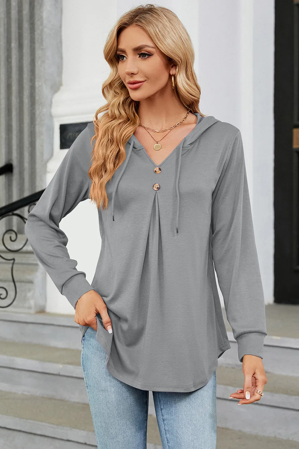 Decorative Button Drawstring Long Sleeve Hoodie, image 8