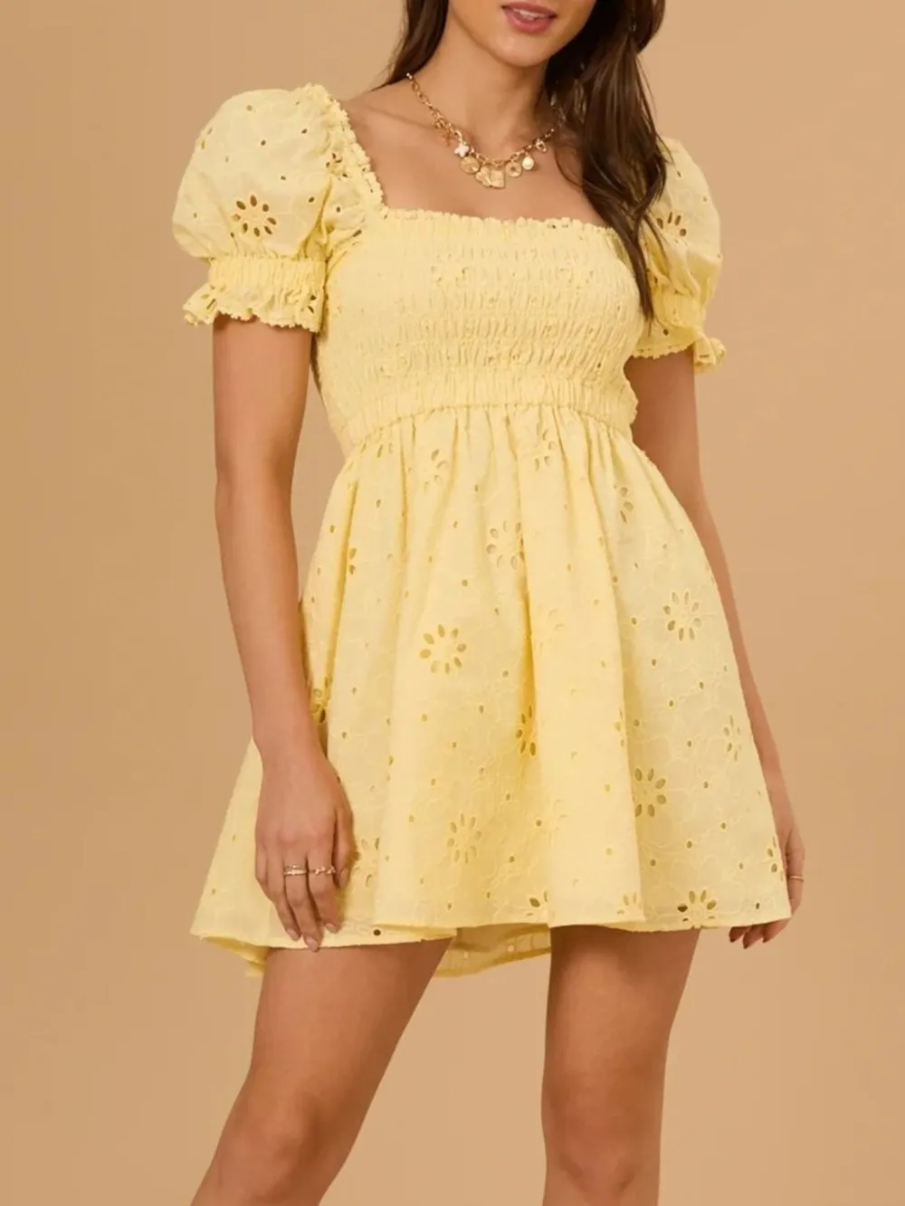 Eyelet Puff Sleeve Smocked Mini Dress, image 7