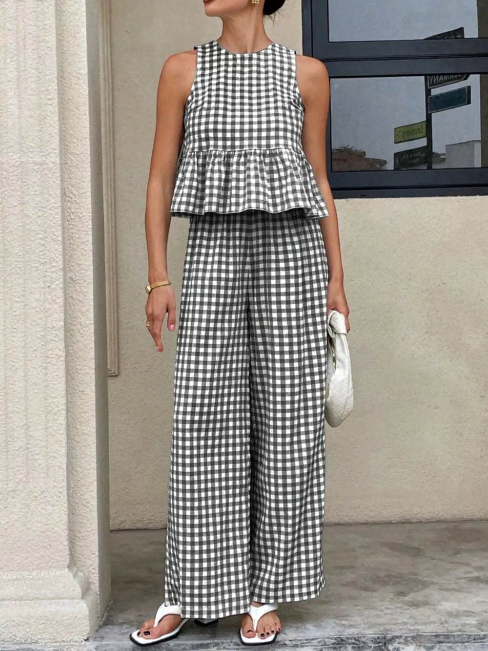 Gingham Sleeveless Top and Wide-Leg Pants Set, image 12