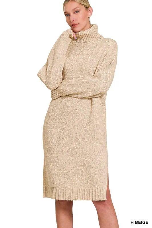 Turtle Neck Long Sleeve Midi Sweater Dress