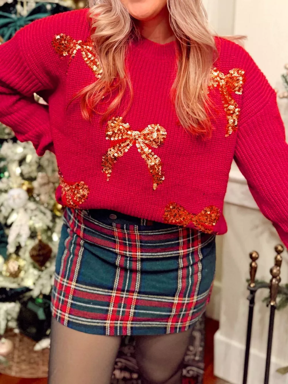 Sequin Bow Accent Drop Shoulder Sweater
