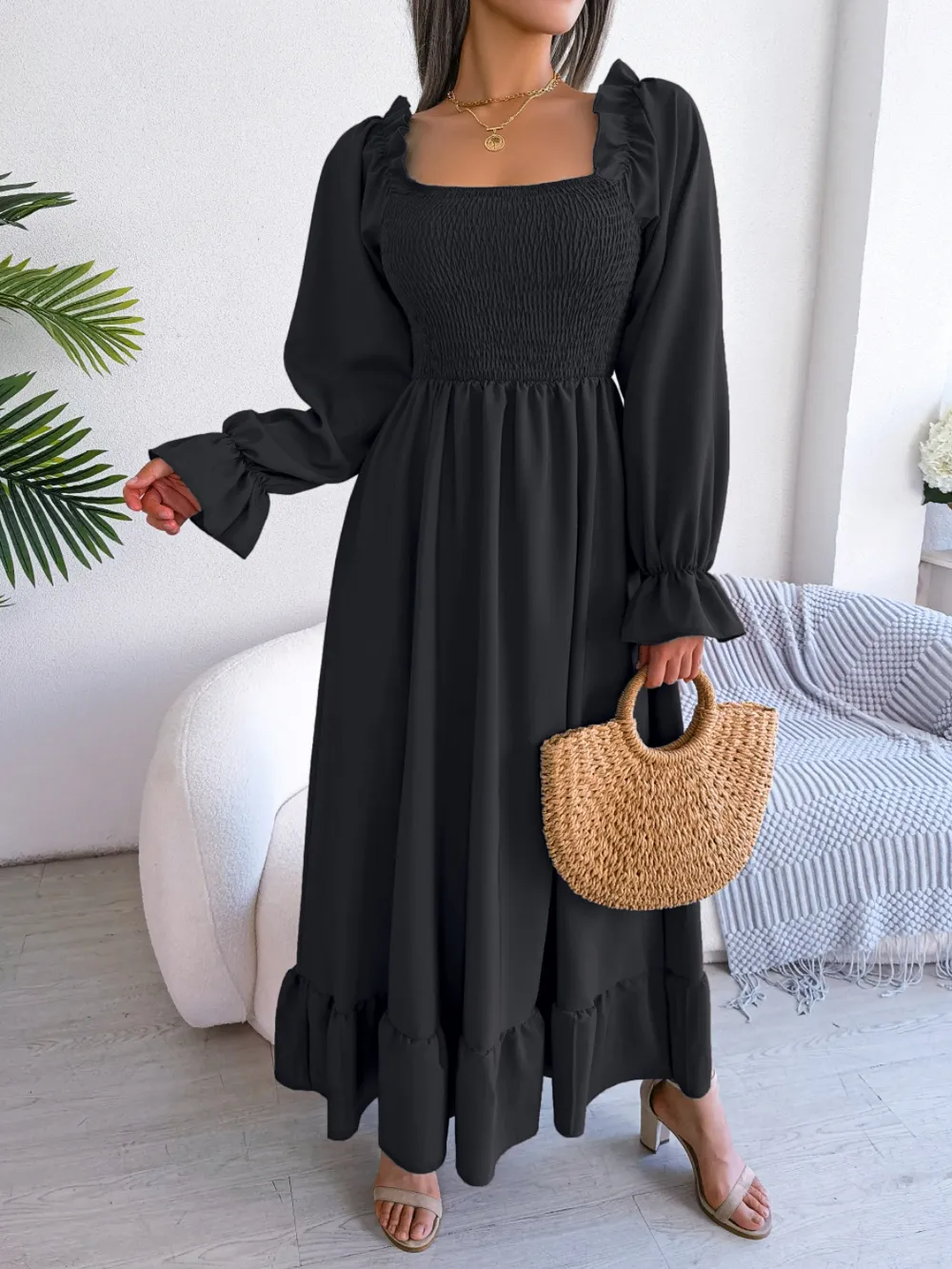 Smocked Square Neck Flounce Sleeve Dress, image 13