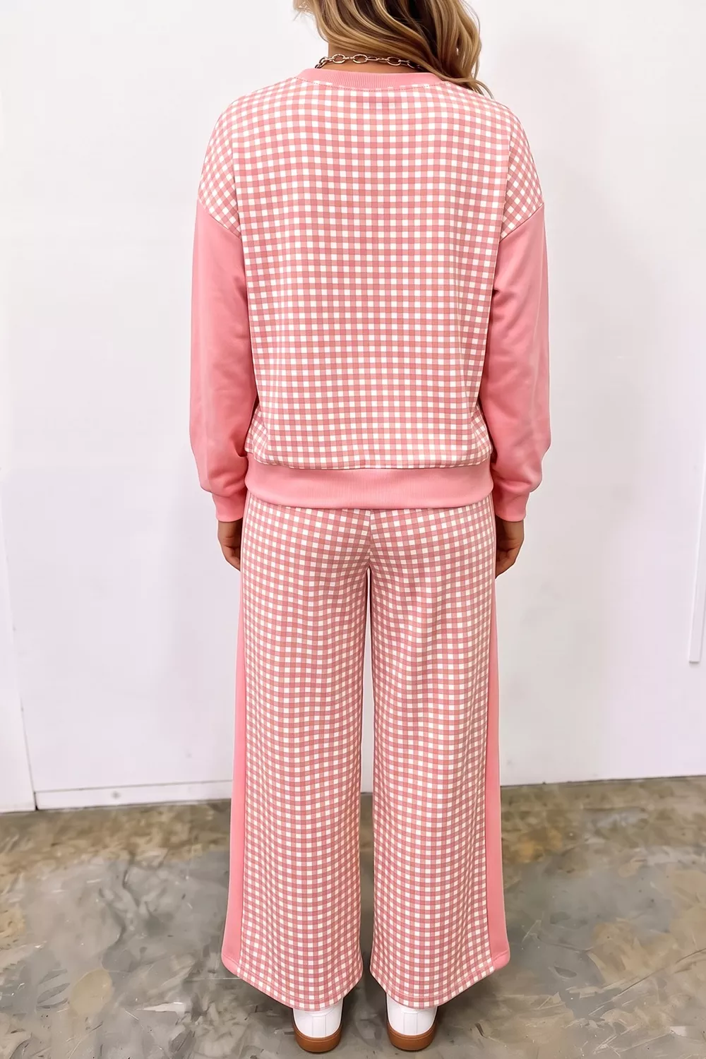 Color Block Plaid Patchwork Long Sleeve Pullover Wide Leg Pant Set, image 2