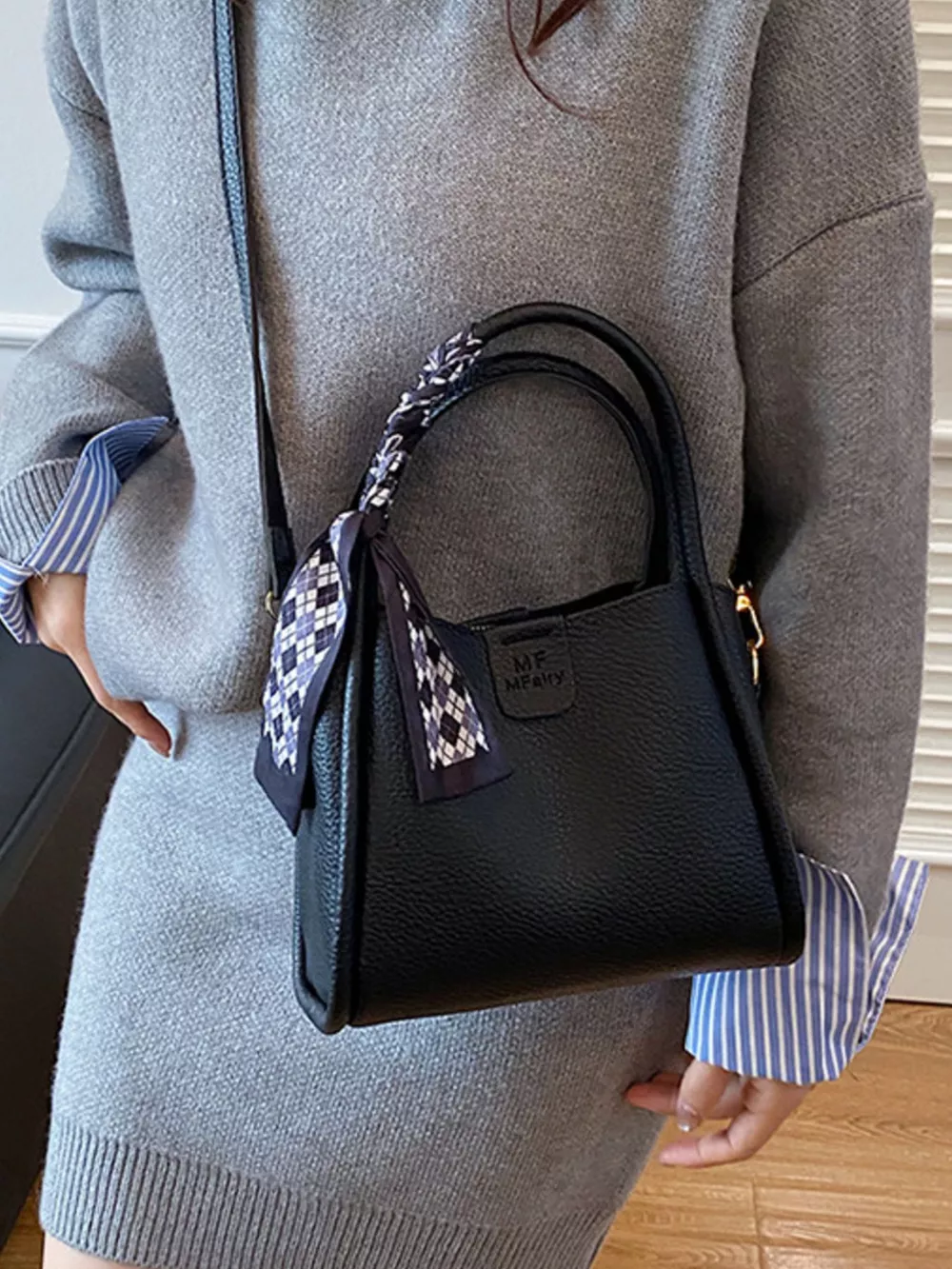 Leather Crossbody Bag with Scarf Accent