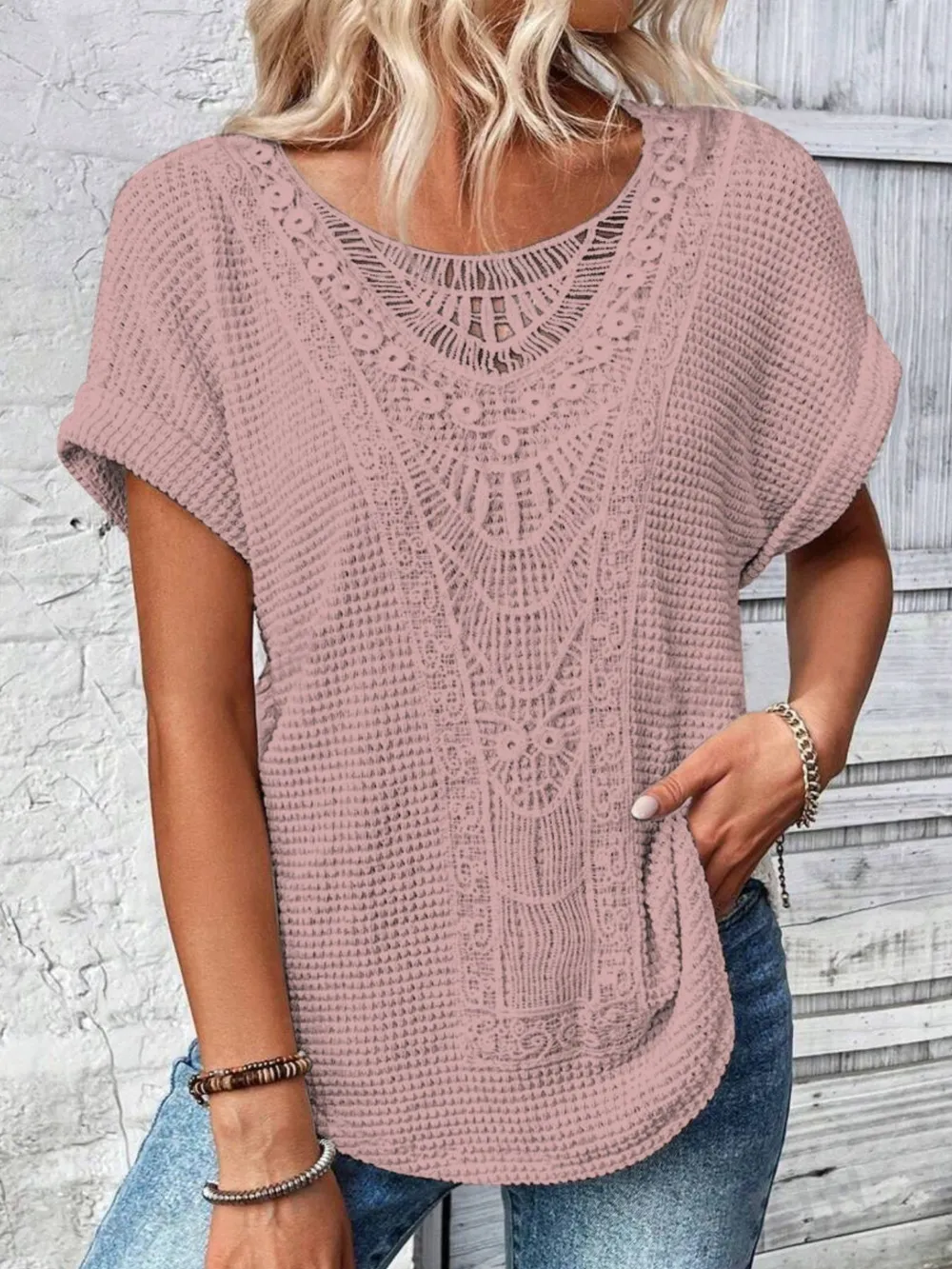 Crochet Lace Short Sleeve Casual T-Shirt, image 12