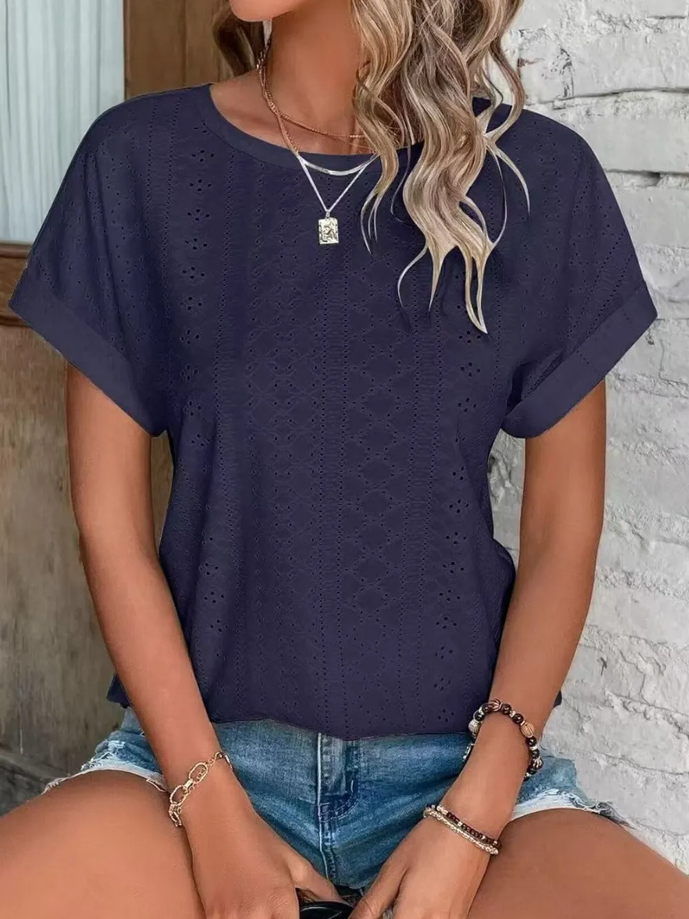 Eyelet Round Neck Short Sleeve Top, image 25