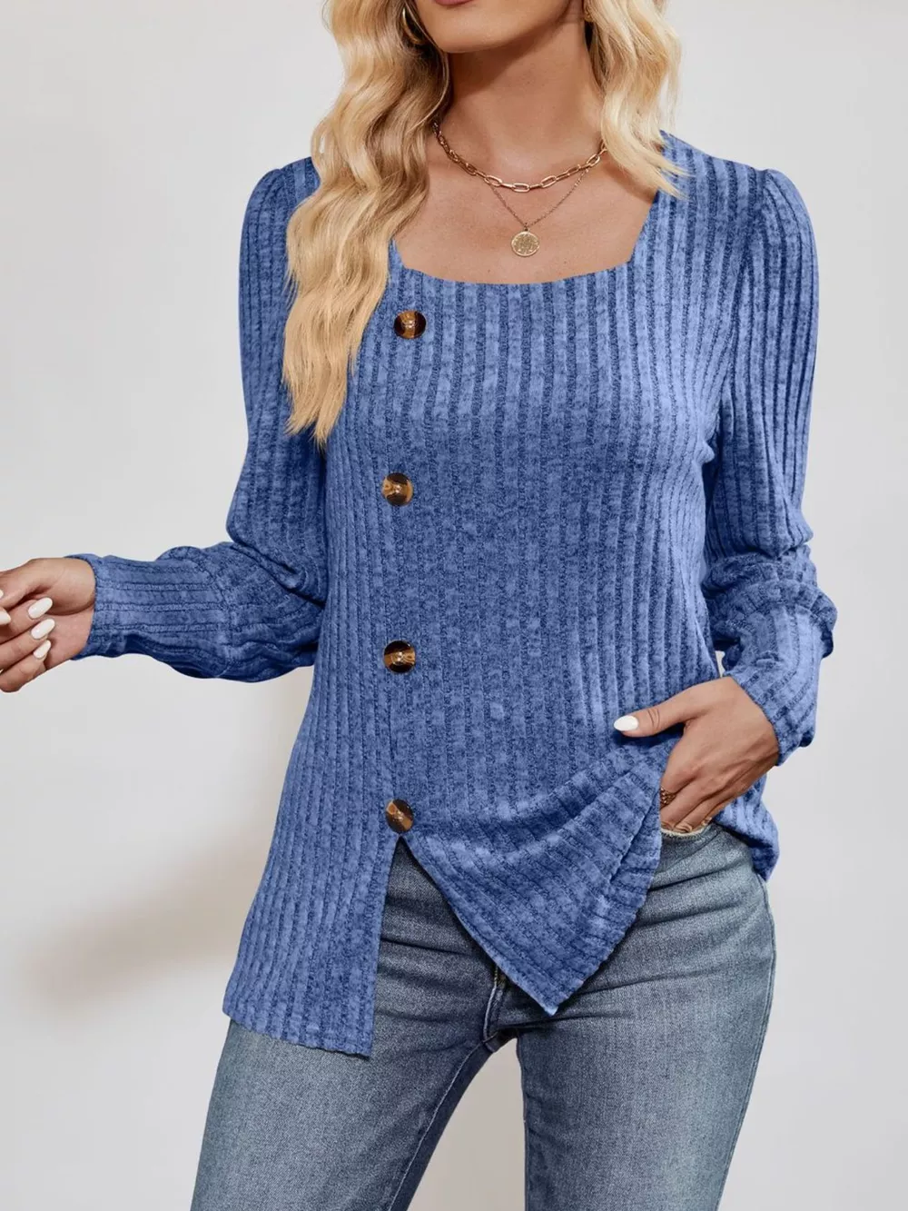 Ribbed Knit Slit Long Sleeve T-Shirt, image 10