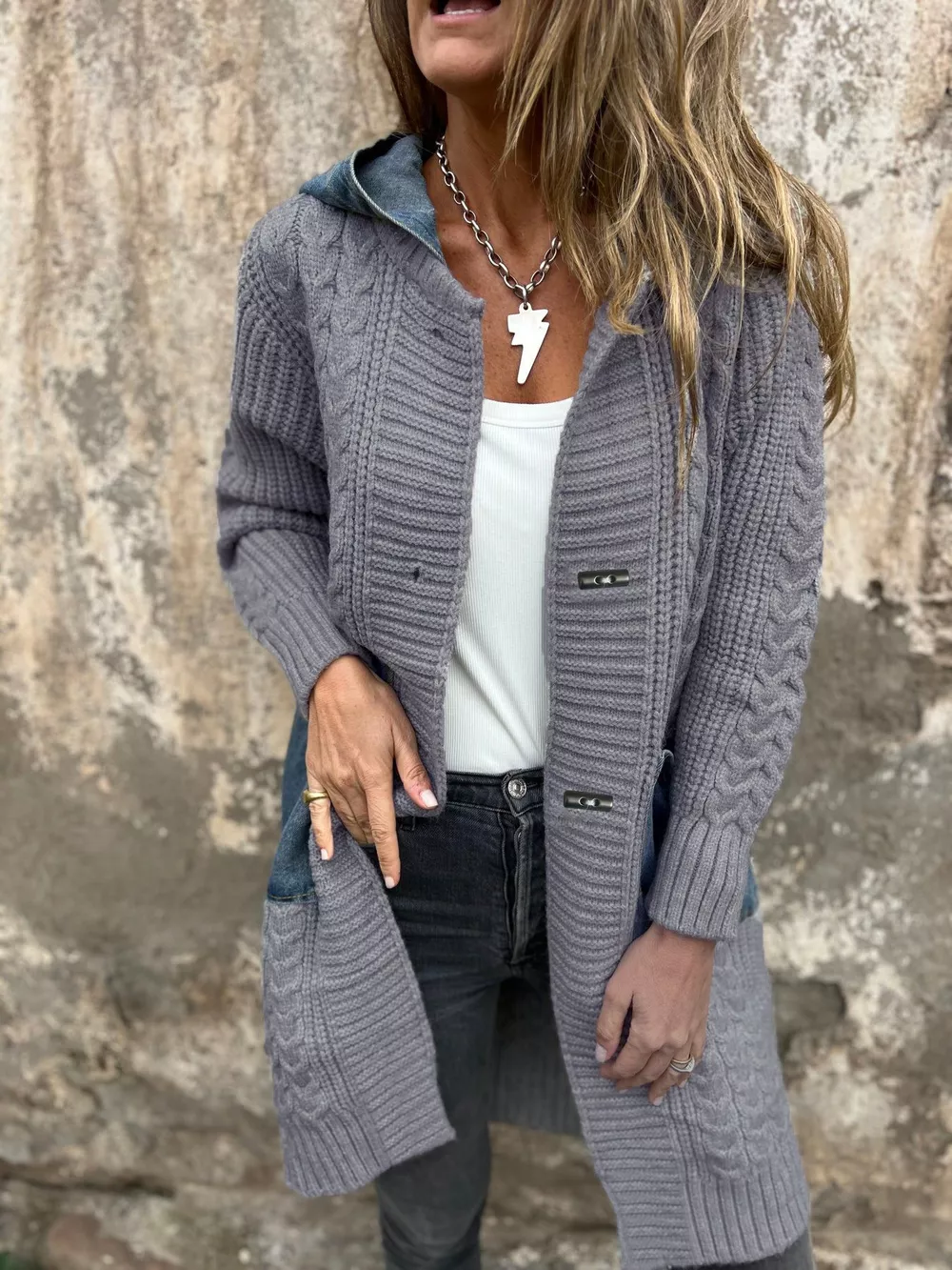 Full Size Hooded Cable Knit Longline Cardigan Plus Size, image 3