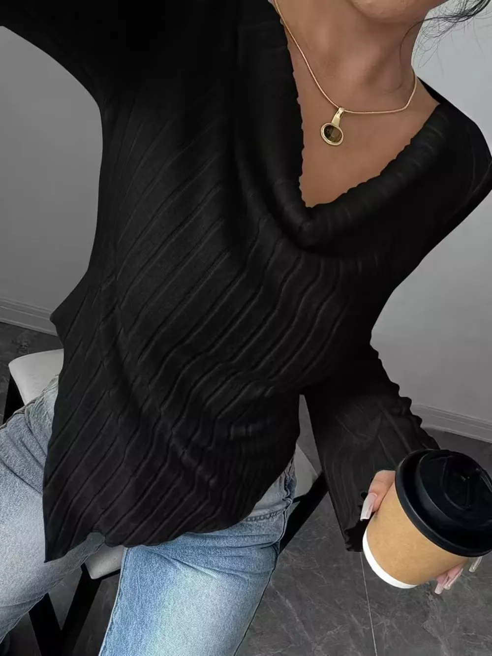 Cowl Neck Ribbed Knit Top, image 9