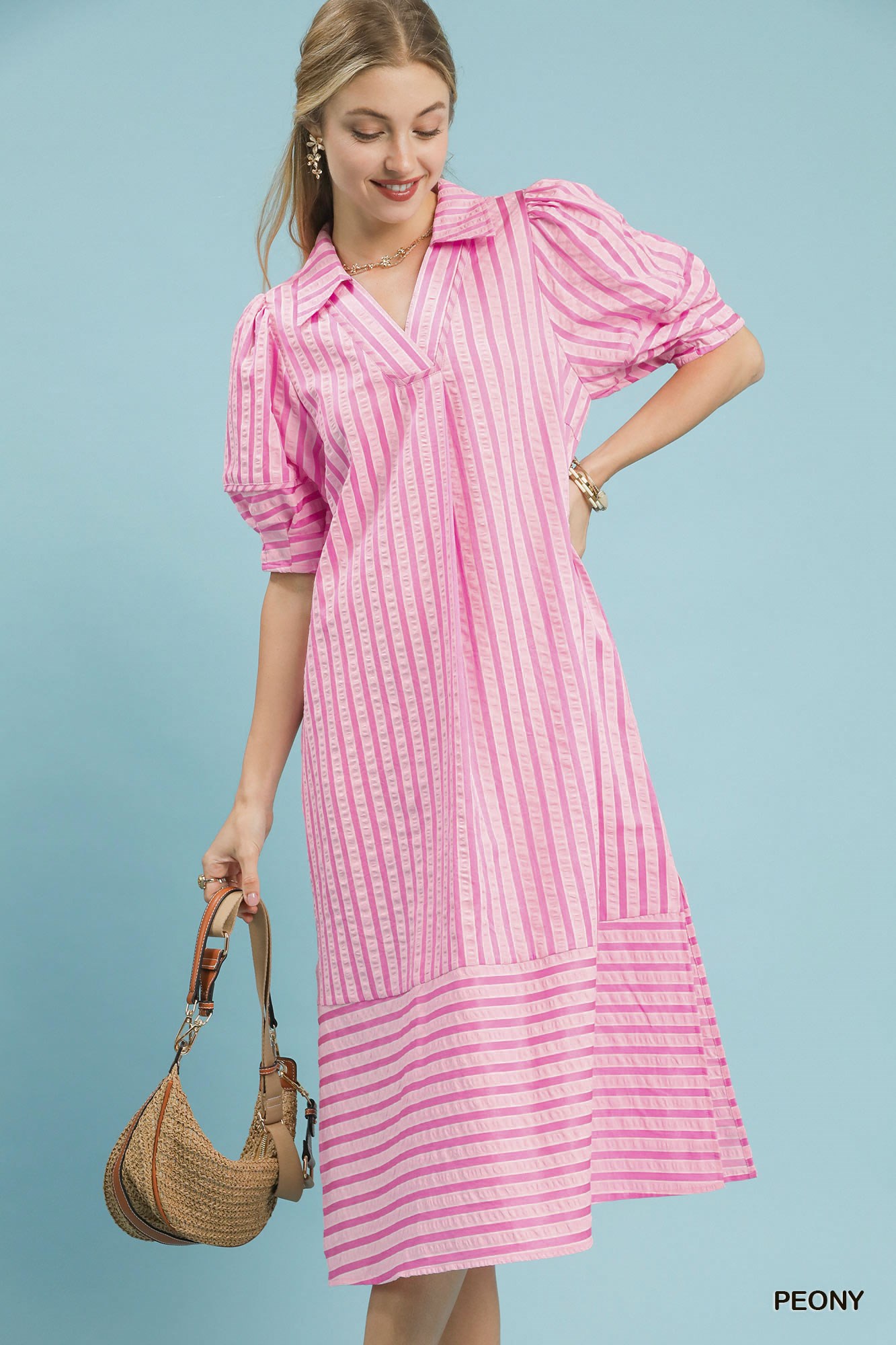 Striped Puff Sleeve Midi Dress