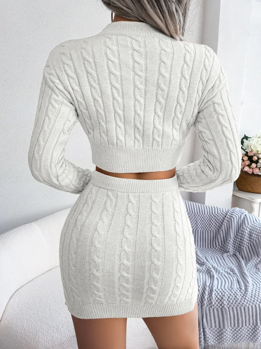 Cable-Knit Round Neck Top and Skirt Sweater Set, image 12