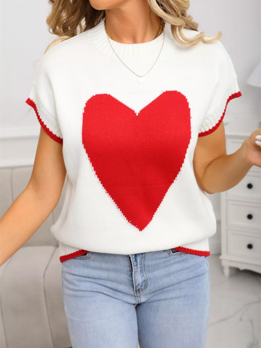 Valentine's Day Heart Graphic Short Sleeve Sweater, image 3
