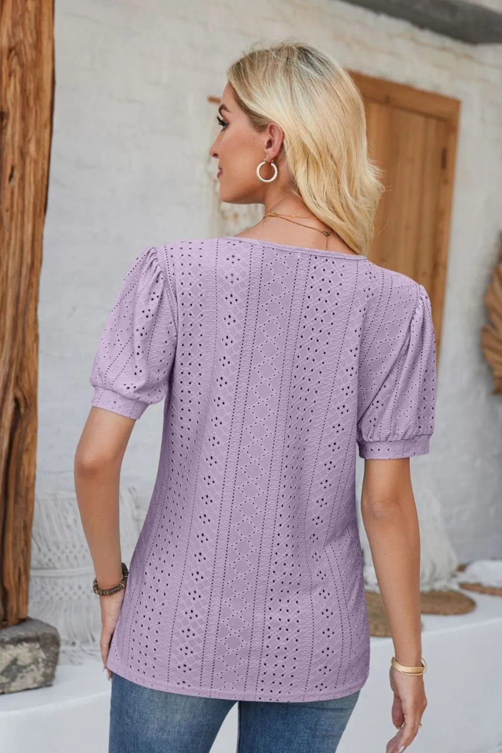 Eyelet Round Neck Short Sleeve Blouse, image 27