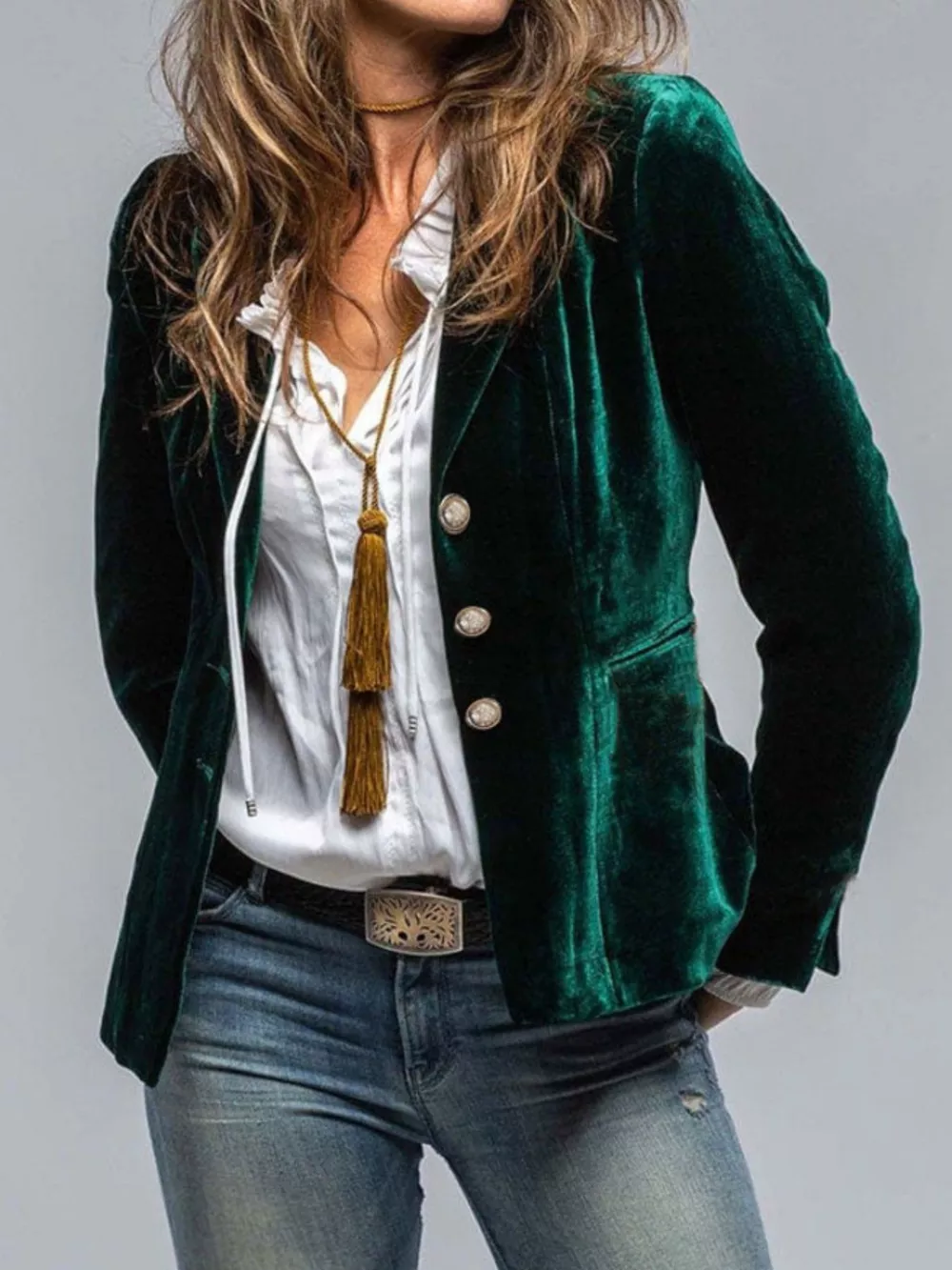 Velvet Lapel Collar Button Up Blazer, image 2